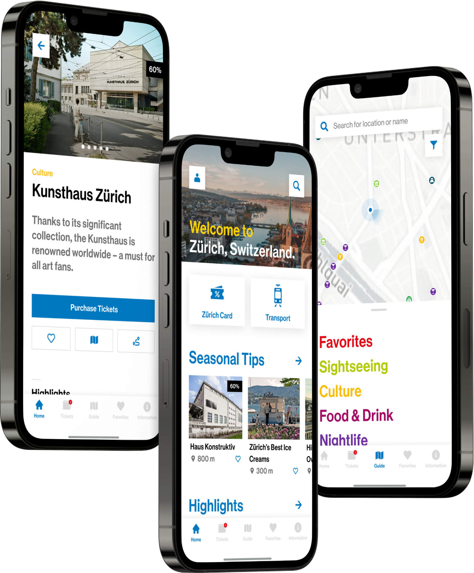 Zurich City Guide app showcasing the home sceen, detail page to Zurich Kunsthaus and the map