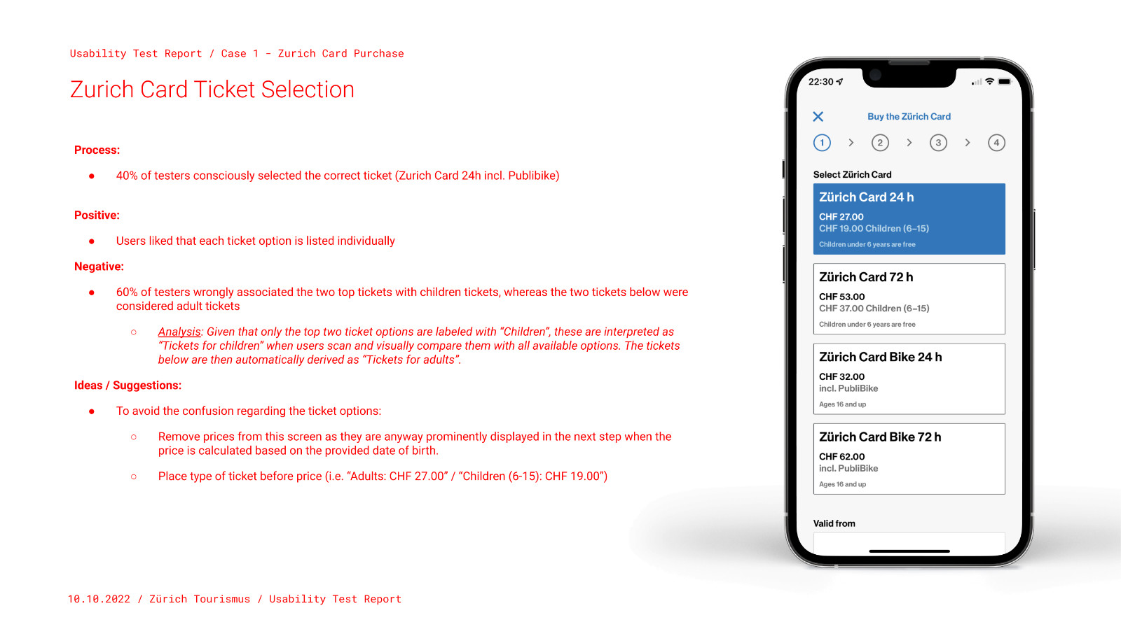 Slide from the usability test report, documenting findings to the Ticket Selection screen