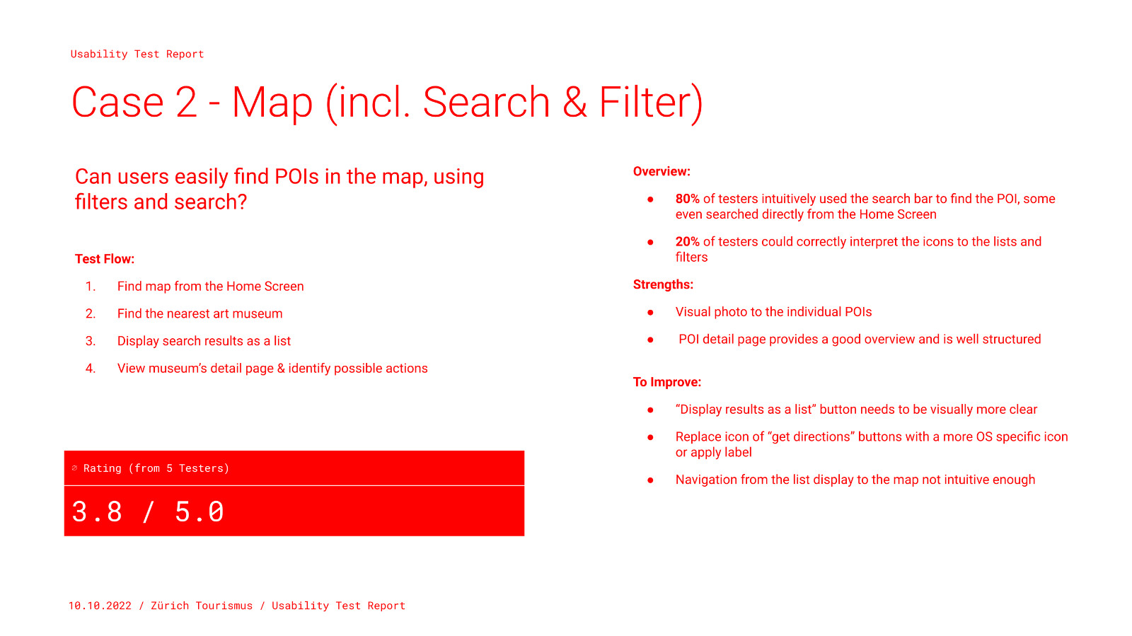 Slide from the usability test report, summarising case 2 (map).