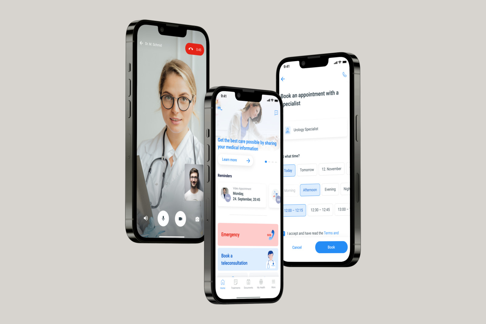 Medgate patient app showcasing the home screen, a teleconsultation with a doctor and the appointment booking screen